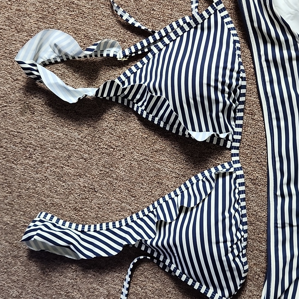 Tory Burch Flounce Bikini Top and Bottoms in Navy and White Stripe - Picture 9 of 10